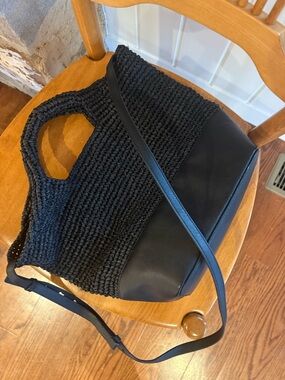 Black Woven Tote Bag with Leather Trim